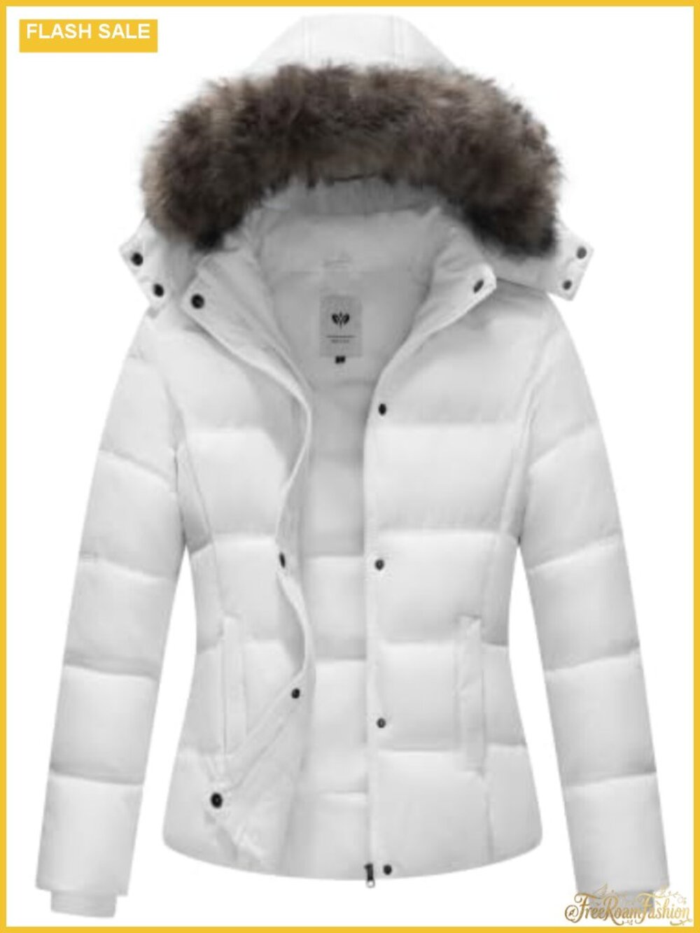 Women's Hooded Quilted Puffer Jacket Removable Fur Hood Zip Winter Coat